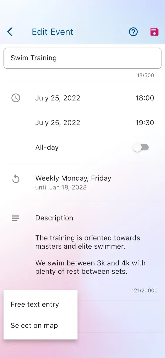 Screenshot of creating and editing an event in the Klubraum group calendar