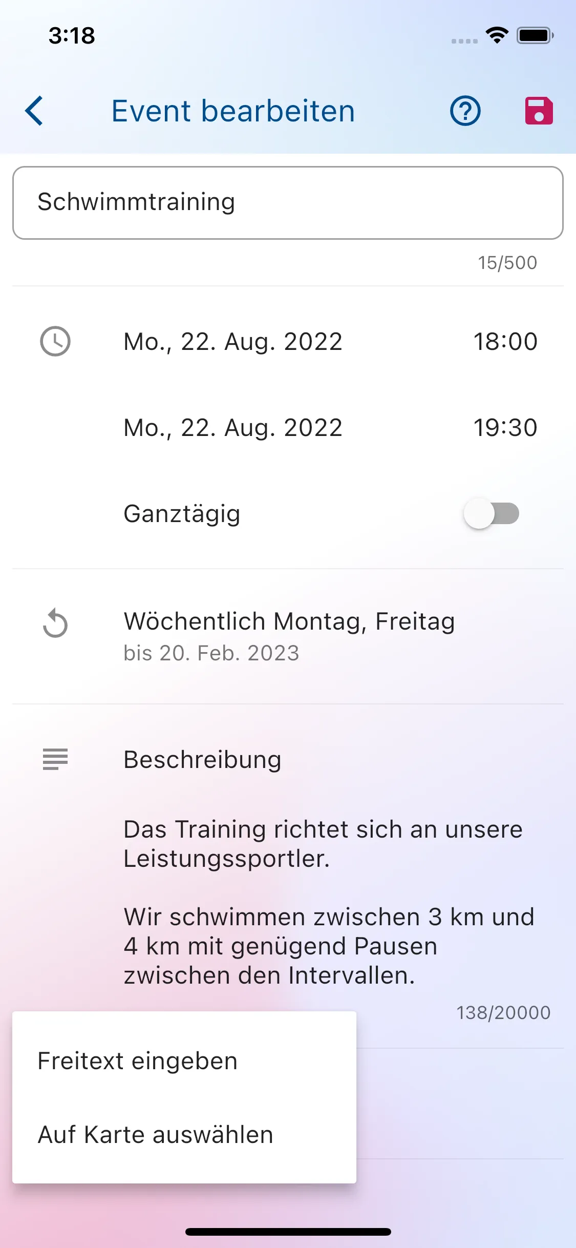 Screenshot der Erstellung und Bearbeitung eines Termins im Klubraum-Gruppenkalender