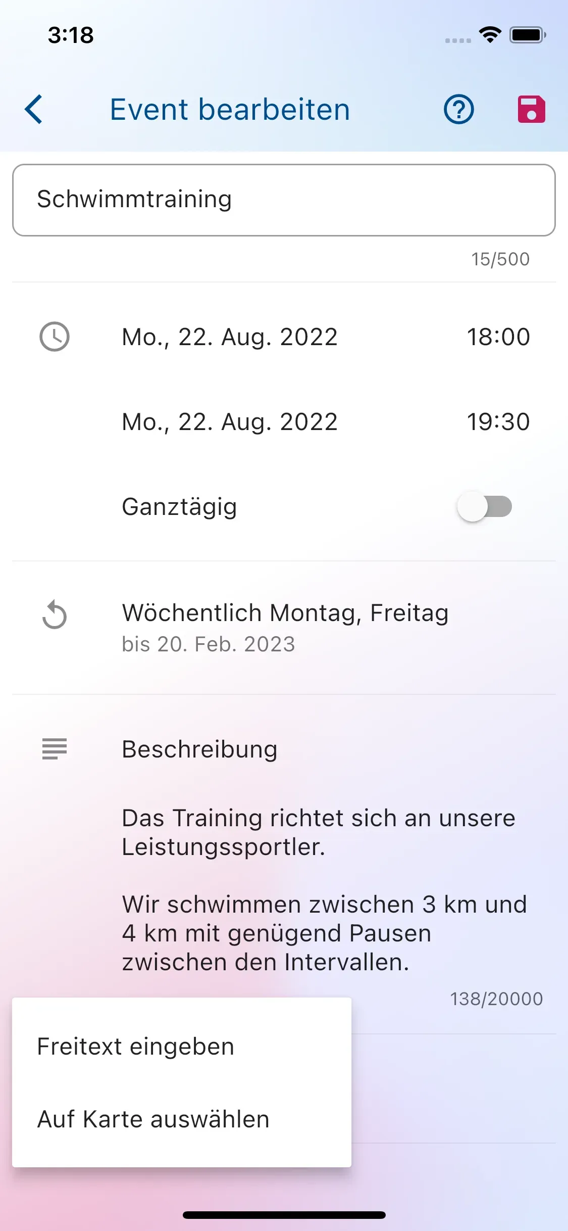Screenshot der Erstellung und Bearbeitung eines Termins im Klubraum-Gruppenkalender