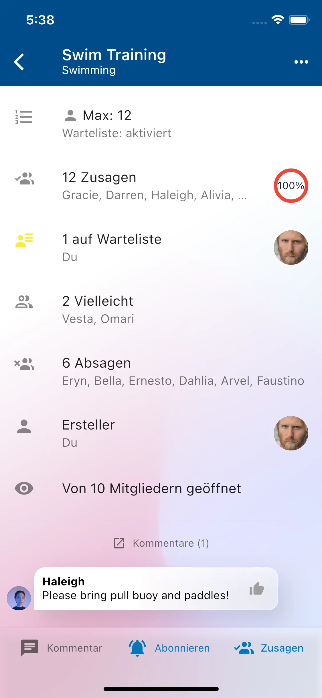Screenshot der Festlegung eines Teilnehmerlimits für einen Termin in Klubraum