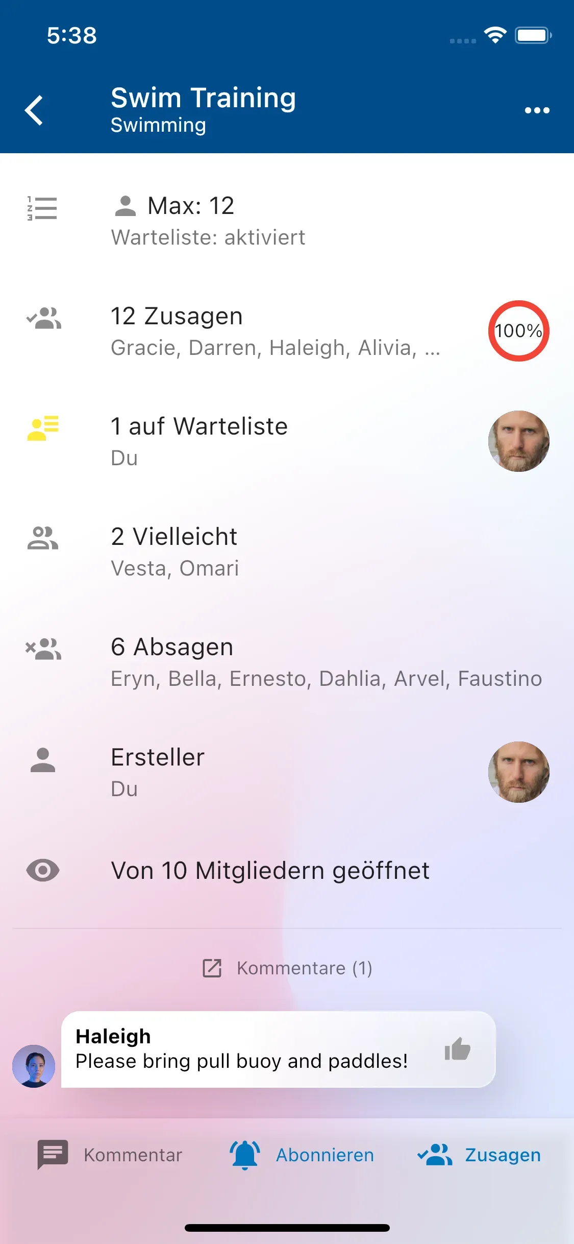Screenshot der Festlegung eines Teilnehmerlimits für einen Termin in Klubraum