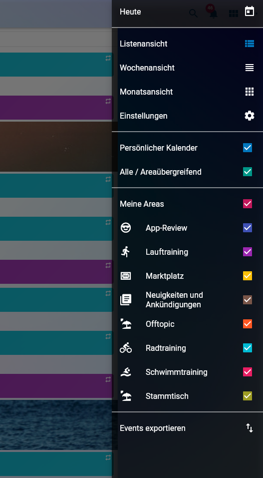 Calendar menu with selection of displayed Areas